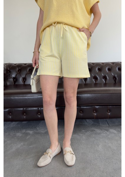 Çizgili Özel Üretim Orj Şort- Sarı
