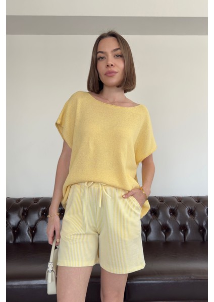 Çizgili Özel Üretim Orj Şort- Sarı fırsatları