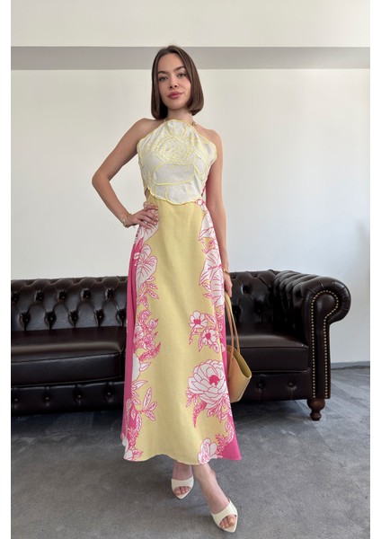 Nakışlı Premium Bağlamalı Nakışlı Elbise- Pembe