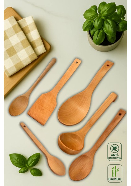 6'lı Vernikli Bambu & Kayın Mutfak Seti - Spatula, Küçük, Orta, Büyük Kaşık, Pilav Kaşığı, Kepçe