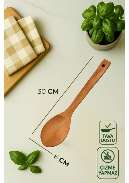 6'lı Vernikli Bambu & Kayın Mutfak Seti - Spatula, Küçük, Orta, Büyük Kaşık, Pilav Kaşığı, Kepçe