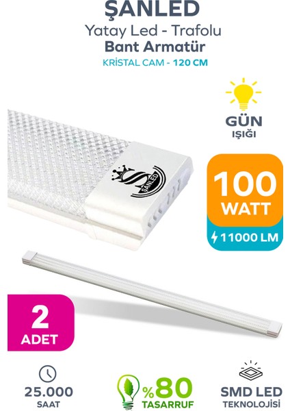 100wat 120 Cm Kristal Yatay Led Bant Armatür-trafolu Gün Işığı 2 Adettir