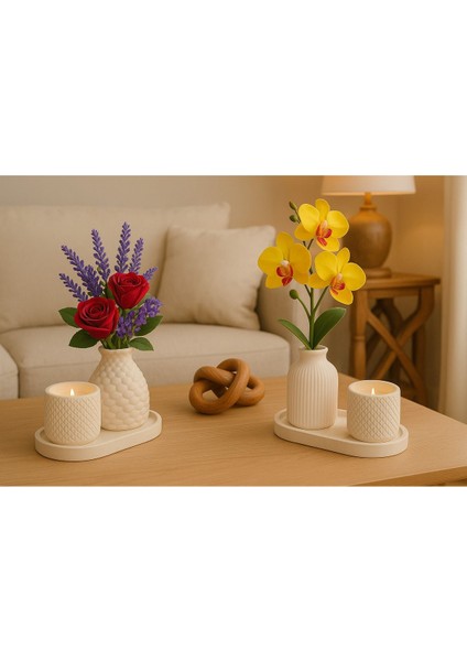 Çiçekli Seramik Vazo ve Mum Seti – 2’li Dekoratif Masa Süsü(Çicekler Dahil Değildir) modelleri