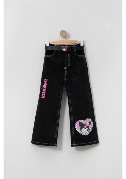 Kız Çocuk Kot Pantolon Kuromi Dijital Baskılı Siyah
