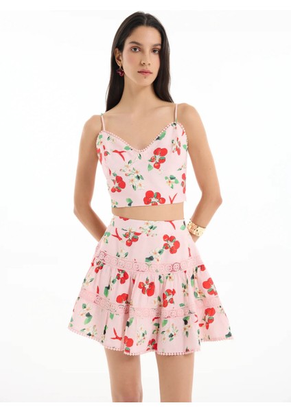 Domates Desenli Askılı Crop Pembe Kadın Bluz BLZ00393