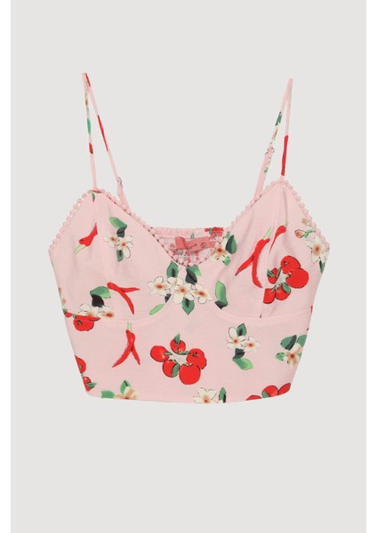Domates Desenli Askılı Crop Pembe Kadın Bluz BLZ00393 fiyatları