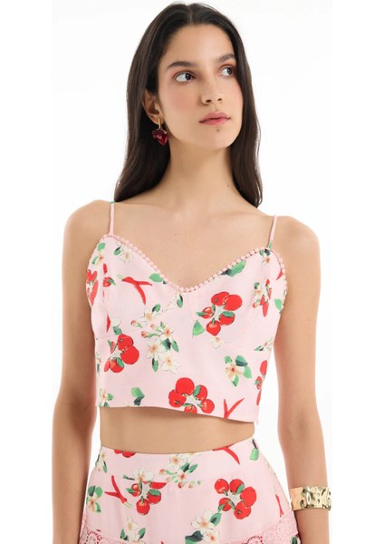 Domates Desenli Askılı Crop Pembe Kadın Bluz BLZ00393 modelleri