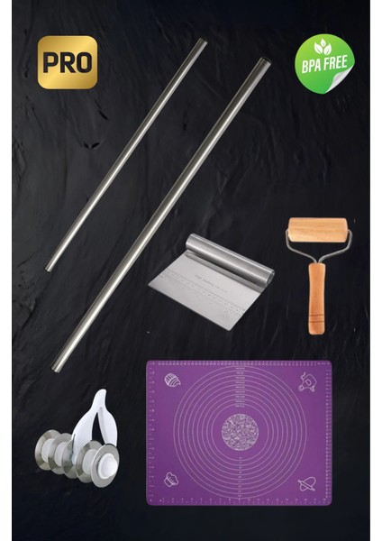 Hamur Açma Seti, Metal Oklava 60-90 Cm, Silikon Mat, Ahşap Merdane, 5 Bıçaklı Mantı Kesici , Spatula