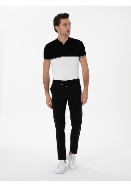 Erkek Siyah Slim Fit Beli Bağcıklı Esnek Klasik Pantolon 50310507-VR046