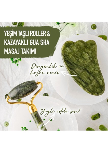 Sertifikalı Yeşim Doğal Taşı Roller Ve kaz Ayağı Gua Sha Masaj Takımı MA033