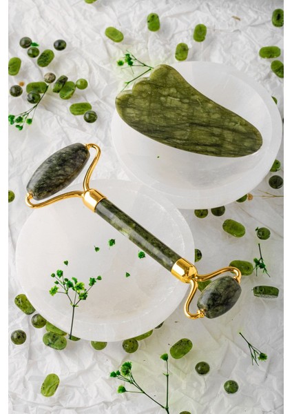 Sertifikalı Yeşim Doğal Taşı Roller Ve kaz Ayağı Gua Sha Masaj Takımı MA033 fiyatları