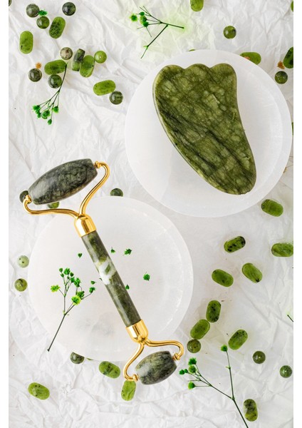 Sertifikalı Yeşim Doğal Taşı Roller Ve kaz Ayağı Gua Sha Masaj Takımı MA033 fırsatları