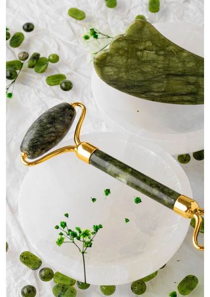 Sertifikalı Yeşim Doğal Taşı Roller Ve kaz Ayağı Gua Sha Masaj Takımı MA033 indirimleri