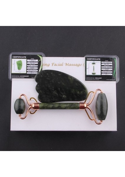 Sertifikalı Yeşim Doğal Taşı Roller Ve kaz Ayağı Gua Sha Masaj Takımı MA033