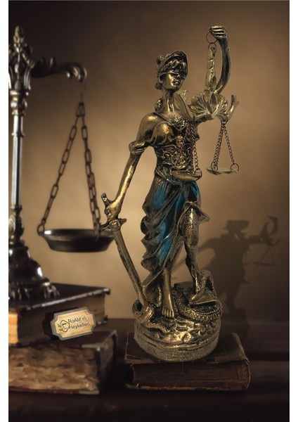 Hediyelik Dekoratif Obje Heykel Biblo Adalet Terazisi Heykeli Themis 20 Cm. Antik Gold & Antik Mavi
