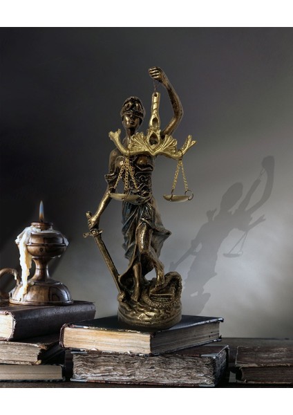 Hediyelik Dekoratif Obje Heykel Biblo Adalet Terazisi Heykeli Themis 20 Cm. Antik Gold & Antik Mavi