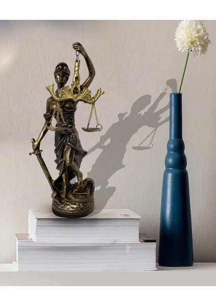 Hediyelik Dekoratif Obje Heykel Biblo Adalet Terazisi Heykeli Themis 20 Cm. Antik Gold & Antik Mavi