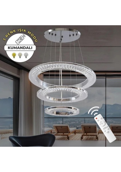 Avangart Krom 3'lü Lüks Uzaktan Kumandalı Dimmerli 3 Renk Ledli Avize Salon Avizesi