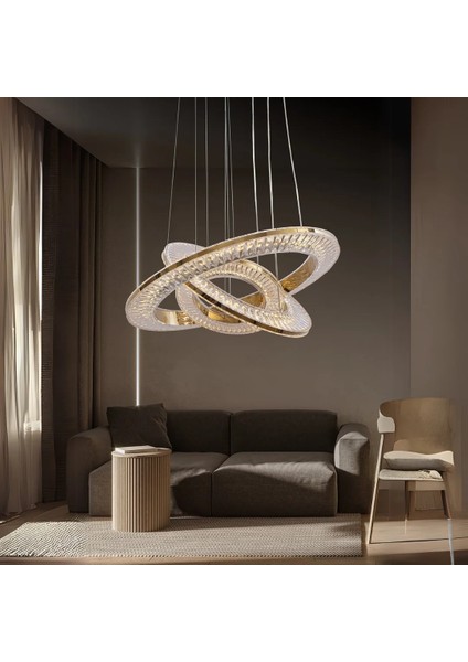 Avangart Krom 3'lü Lüks Uzaktan Kumandalı Dimmerli 3 Renk Ledli Avize Salon Avizesi