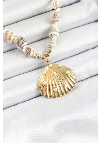 316L Çelik Gold Renk Deniz Kabuğu Modelli Kadın Kolye - TJ-BKO10295