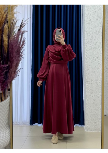 Yeleria Göğüs Büzgü Detaylı Saten ABIYE-PA9365 Bordo