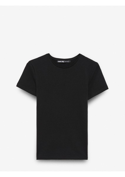 Tarelıa Kadın Bisiklet Yaka Kısa Kollu Slim Siyah T-Shirt