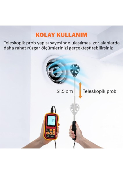 Anemometre Rüzgar Hızı ve Sıcaklık Ölçer, Teleskobik Saplı | Benetech GM8901+