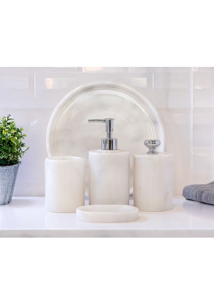 Aurelia Mermer 5 Parça Banyo Seti – Sıvı Sabunluk, Diş Fırçalık, Katı Sabunluk, Pamukluk ve Tepsi modelleri
