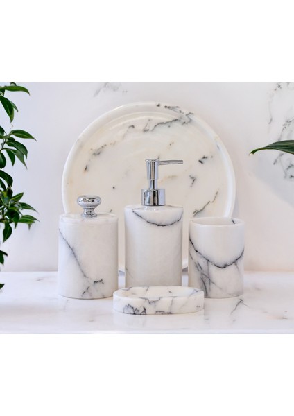 Aurelia Mermer 5 Parça Banyo Seti – Sıvı Sabunluk, Diş Fırçalık, Katı Sabunluk, Pamukluk ve Tepsi modelleri