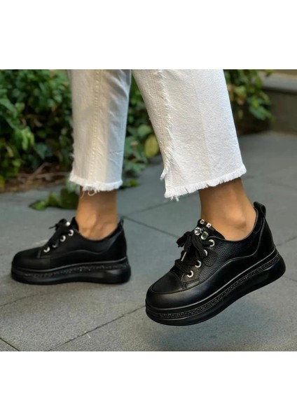24K308-1 Kadın Hakiki Deri Yüksek Taban Taşlı Sneaker Spor Ayakkabı
