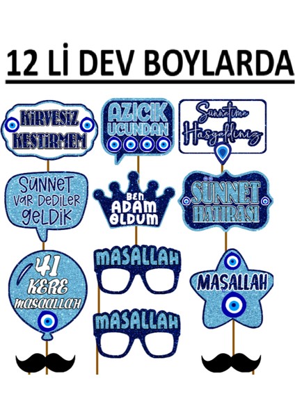 12LI Dev Boylarda Sünnet Düğünü Konsept Konuşma Balonu Selfie Çubukları