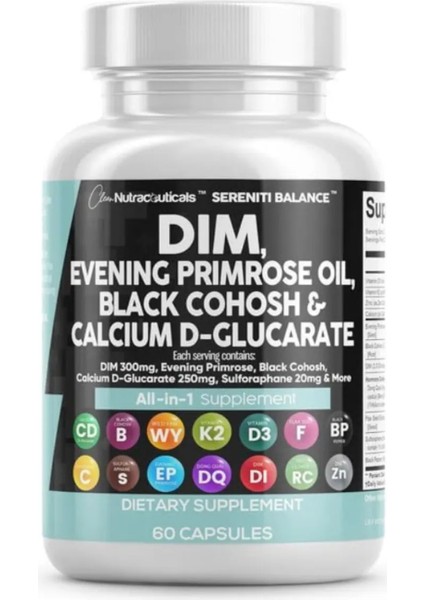 Dım Evening Primrose Black Cohosh Calcium D-Glucarate Flax Seed Extract 60 Capsules