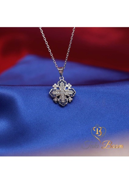 Safir Taşlı Küçük Haç Kolye, Kudüs Haçı Kolye, Jerusalem Gümüş Kolye, Hristiyan Kolyesi