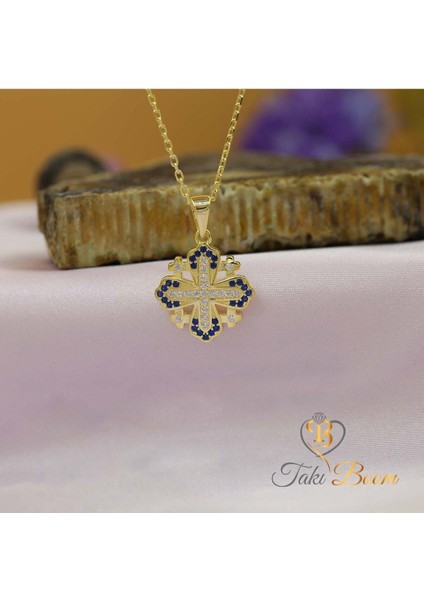 Safir Taşlı Küçük Haç Kolye, Kudüs Haçı Kolye, Jerusalem Gümüş Kolye, Hristiyan Kolyesi