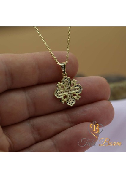 Safir Taşlı Küçük Haç Kolye, Kudüs Haçı Kolye, Jerusalem Gümüş Kolye, Hristiyan Kolyesi