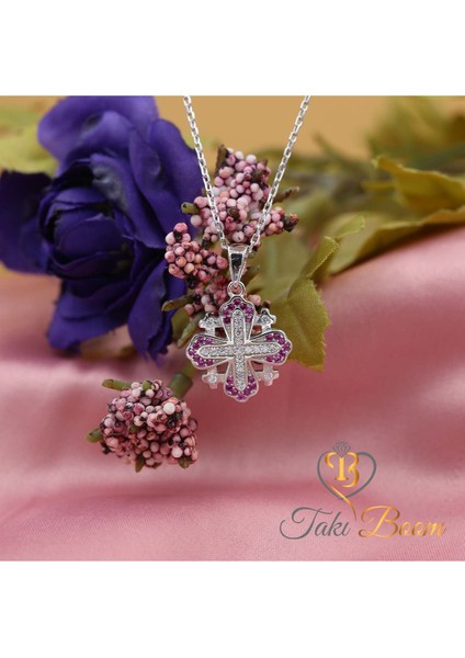 Kırmızı Küçük Haç Kolye, Kudüs Haçı Kolye, Miks Taşlı Haç, Jerusalem Gümüş Kolye, Hristiyan Kolyesi