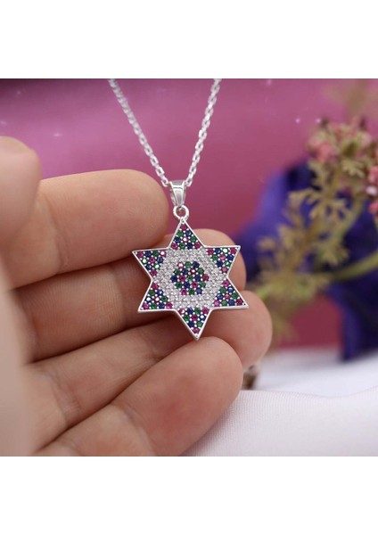 Davut Yıldızı Kolye – Gümüş Yahudi Kolye, Kadınlar Için Manevi Kolye - Miks Taşlı Kolye