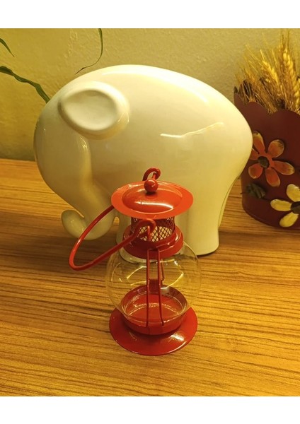 Respira Metal Dekoratif Cam Muhafazalı Askılı Gemici Fener Mumluk Kırmızı, Tealight Mum İçin