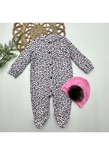 0-3-6-9 Ay Leopar Baskılı Tam Boy Çıtçıtlı Patikli Güllü Boneli Kız Bebek Tulumu Pembe