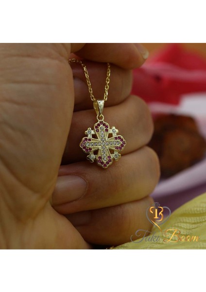 Kırmızı Küçük Haç Kolye, Kudüs Haçı Kolye, Miks Taşlı Haç, Jerusalem Gümüş Kolye, Hristiyan Kolyesi