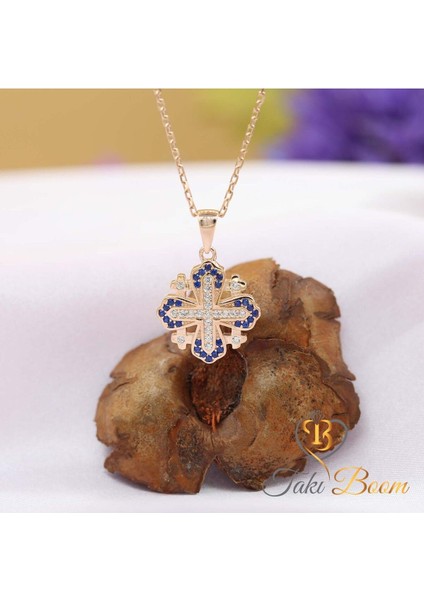 Safir Taşlı Küçük Haç Kolye, Kudüs Haçı Kolye, Jerusalem Gümüş Kolye, Hristiyan Kolyesi fırsatları