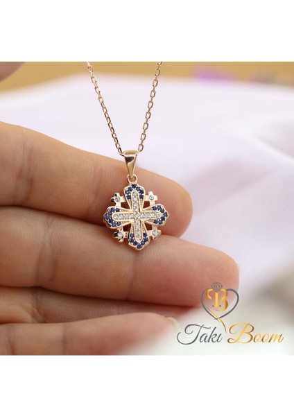 Safir Taşlı Küçük Haç Kolye, Kudüs Haçı Kolye, Jerusalem Gümüş Kolye, Hristiyan Kolyesi
