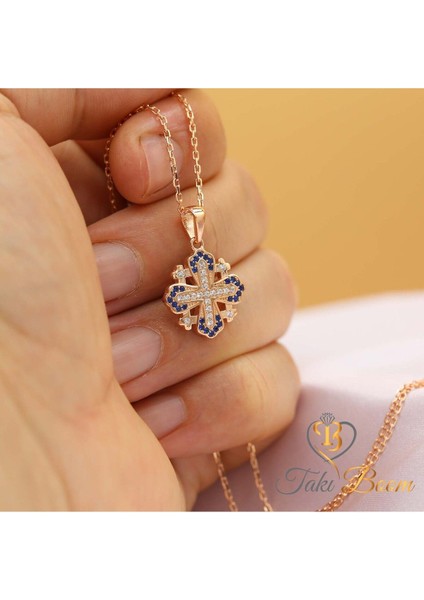 Safir Taşlı Küçük Haç Kolye, Kudüs Haçı Kolye, Jerusalem Gümüş Kolye, Hristiyan Kolyesi