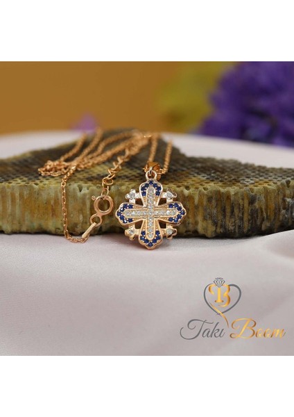 Safir Taşlı Küçük Haç Kolye, Kudüs Haçı Kolye, Jerusalem Gümüş Kolye, Hristiyan Kolyesi