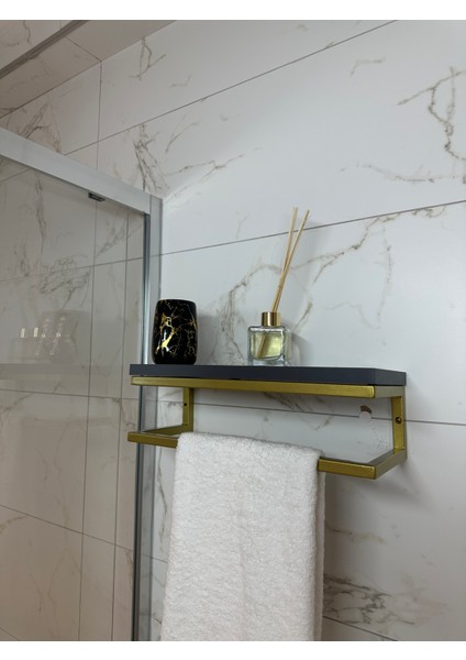 Fulya Banyo Ahşap Raflı Gold Metal Havlu, Şal Askılık