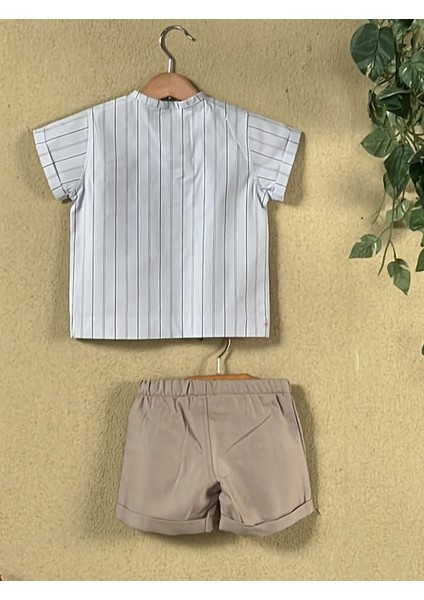 Erkek Bebek Gri Çizgili Gömlek ve Şort Takım – Yazlık Keten Görünümlü Ikili Set, %100 Pamuk fiyatları