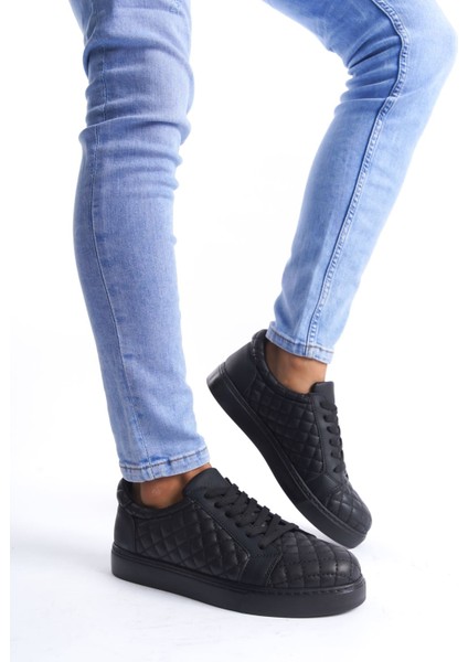 ET166 Prestige Bağcıklı Cilt Kapitone Desenli Erkek Günlük Sneaker Ayakkabı St - Siyah