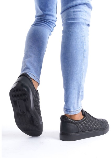 ET166 Prestige Bağcıklı Cilt Kapitone Desenli Erkek Günlük Sneaker Ayakkabı St - Siyah
