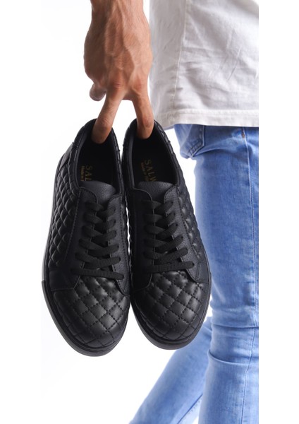ET166 Prestige Bağcıklı Cilt Kapitone Desenli Erkek Günlük Sneaker Ayakkabı St - Siyah
