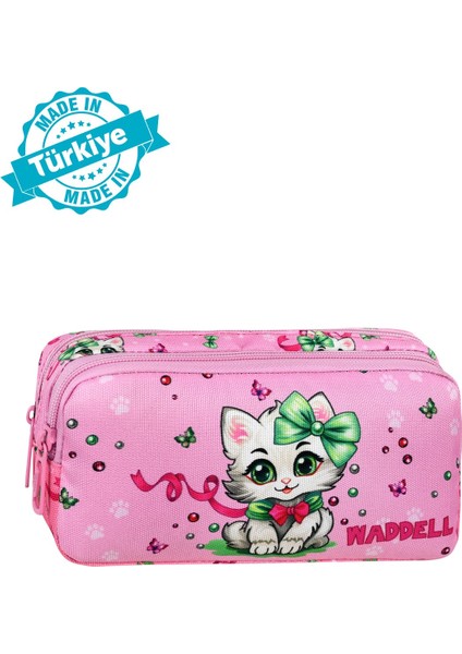 Pembe Kedi Desenli 2 Cepli Kalem Kutusu,kalemlik